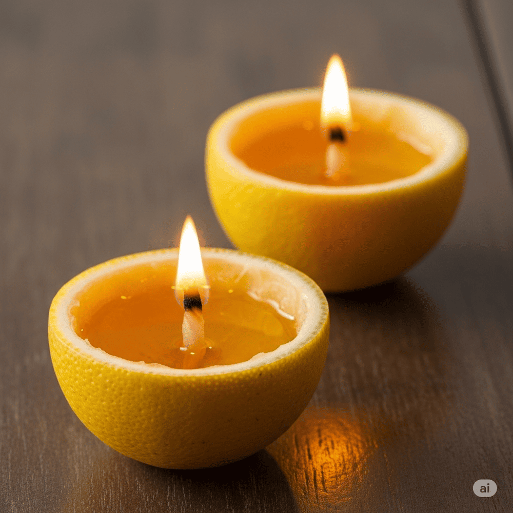 Diya made by lemon skin, ghee and cotton wick to pray Goddess Durga