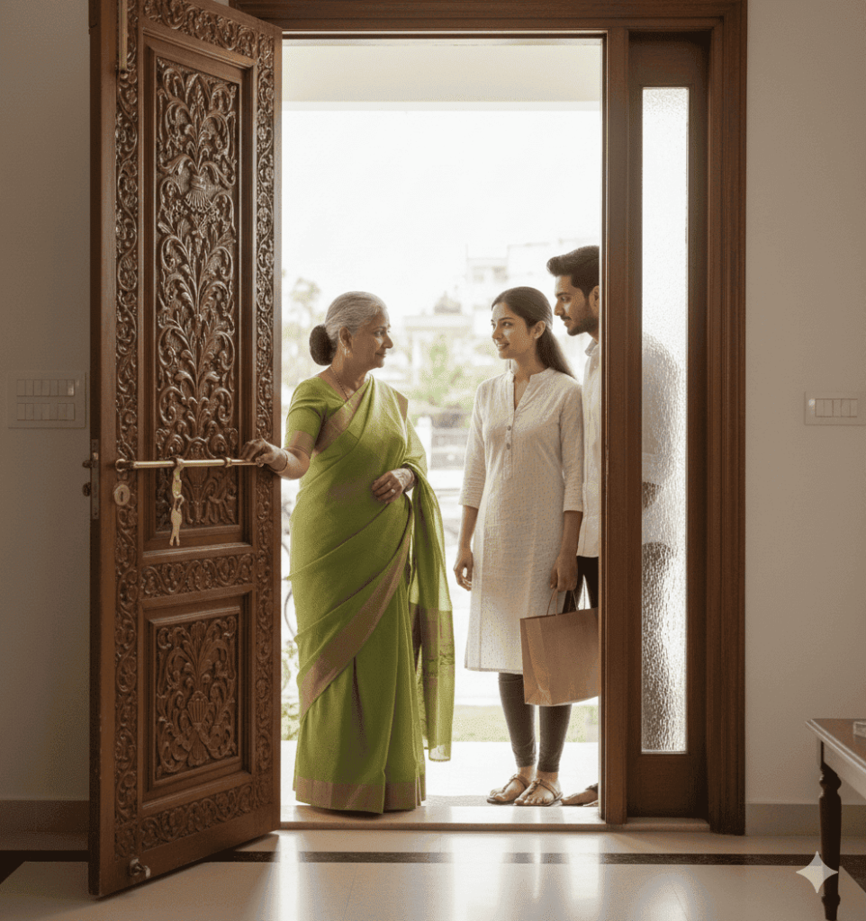 An elderly woman warmly welcomes her young new neighbor couple
