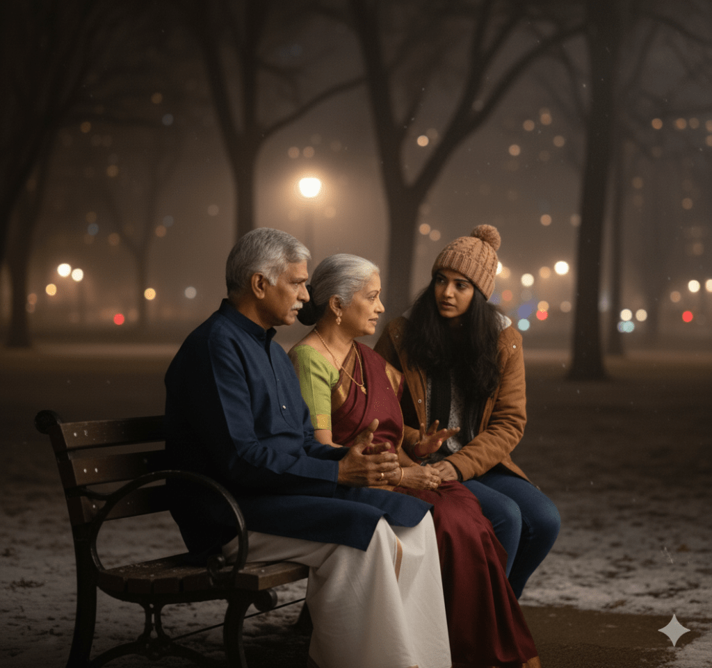 A senior citizen couple meeting their friend