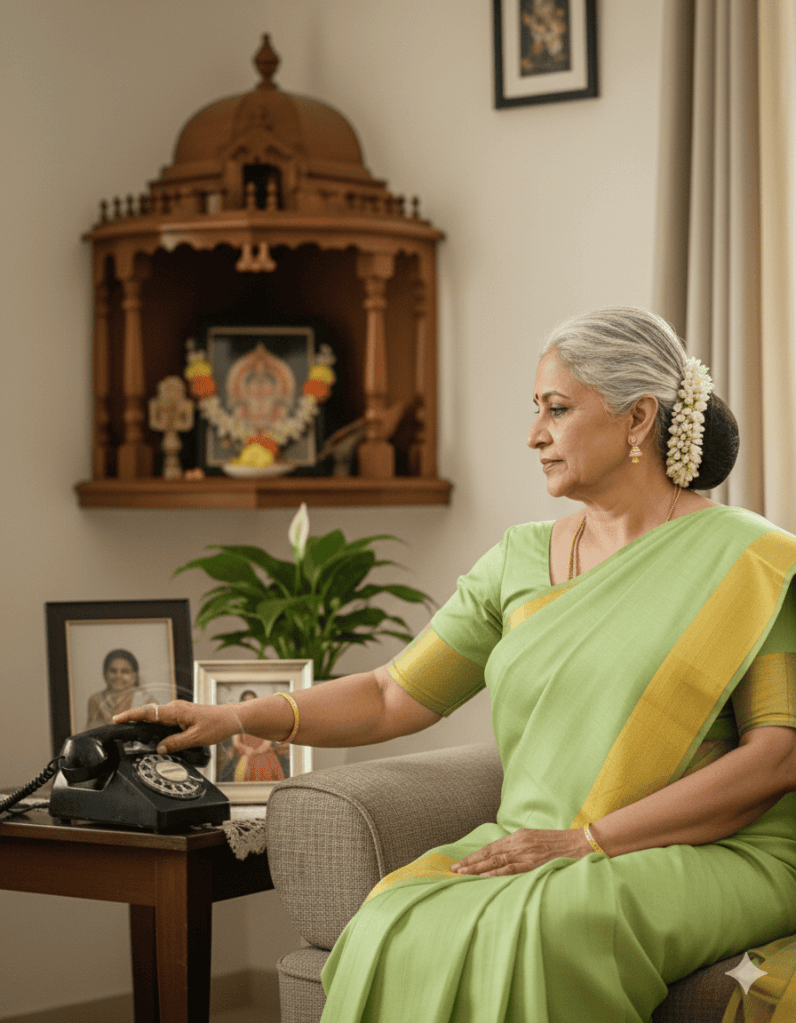 An aged lady sitting next to the phone 