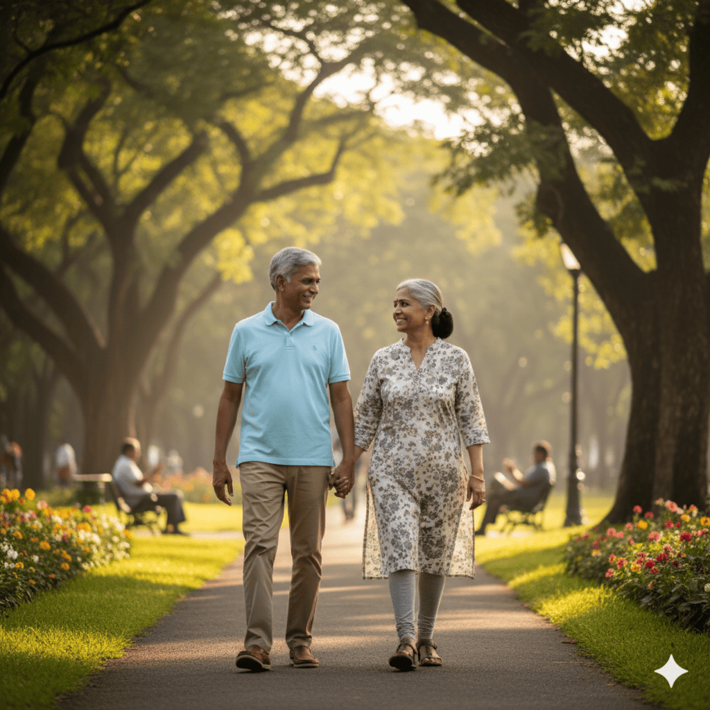 After retirement, the couple spends more time together, walking in the park, having casual conversation 