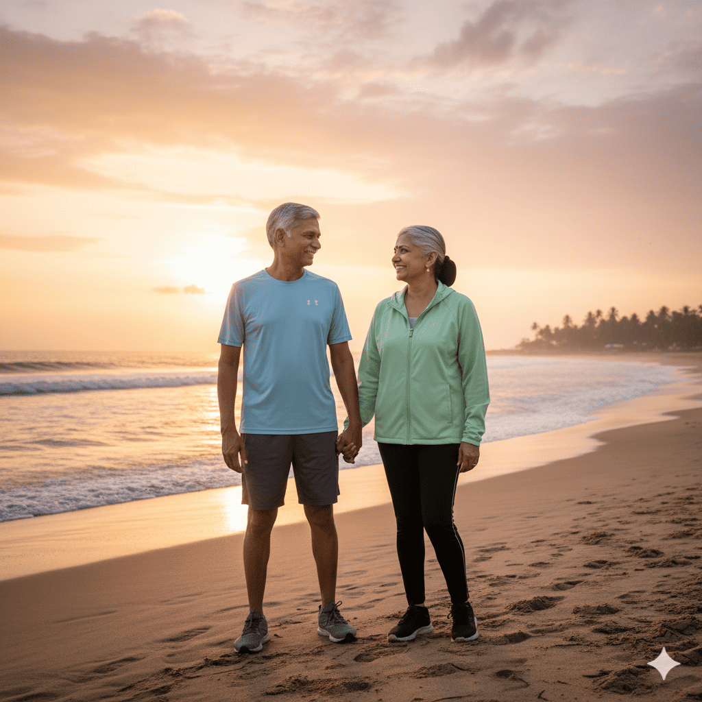 An aged pair goes for a morning walk on the beach, spending quality time together