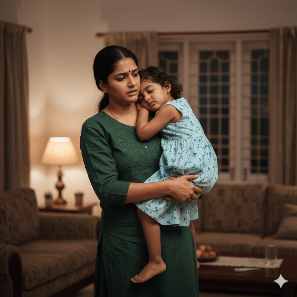 A mother comforting a sick child