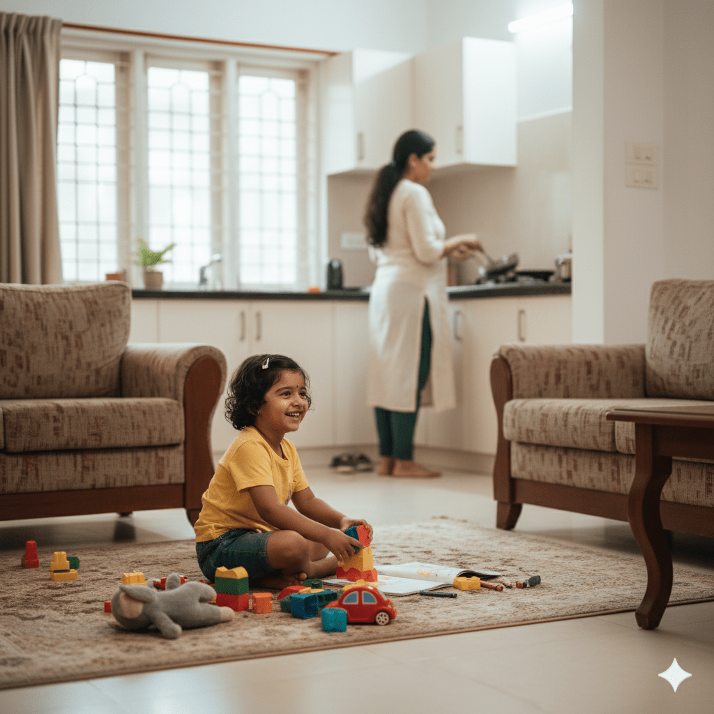 A child playing in the living room