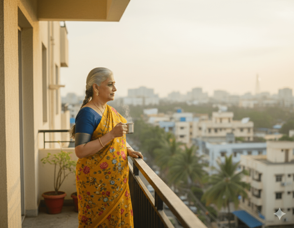 A retired woman enjoying the morning with coffee