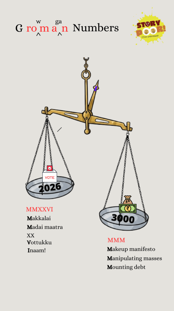 A cartoon showing ₹3000 on a weighing scale tipping the balance over the 2026 election, highlighting how money is used to influence votes.
