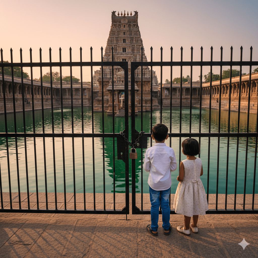 Children looking at locked temple tank