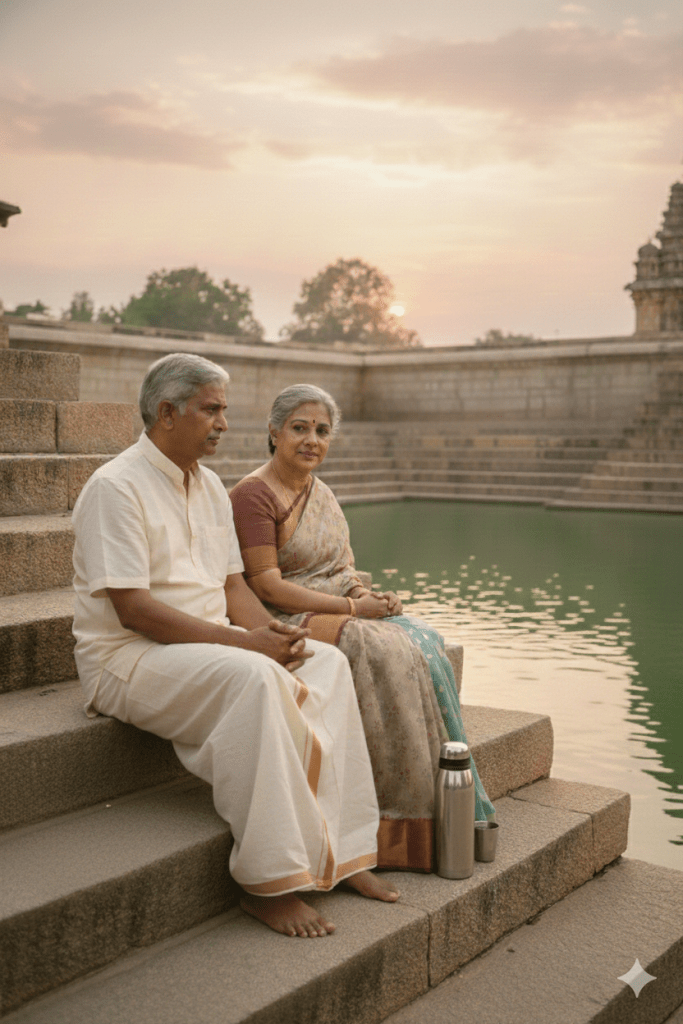 A senior couple a temple