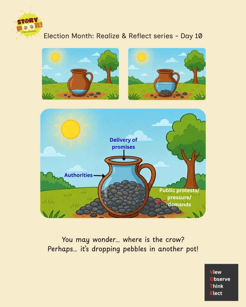 Two-panel illustration inspired by the The Thirsty Crow showing a pot labeled “Authorities” where water labeled “Delivery of promises” rises as stones labeled “Public protests, pressure, and demands” are added. The final message reads: “You may wonder… where is the crow? Perhaps… it’s dropping pebbles in another pot!”