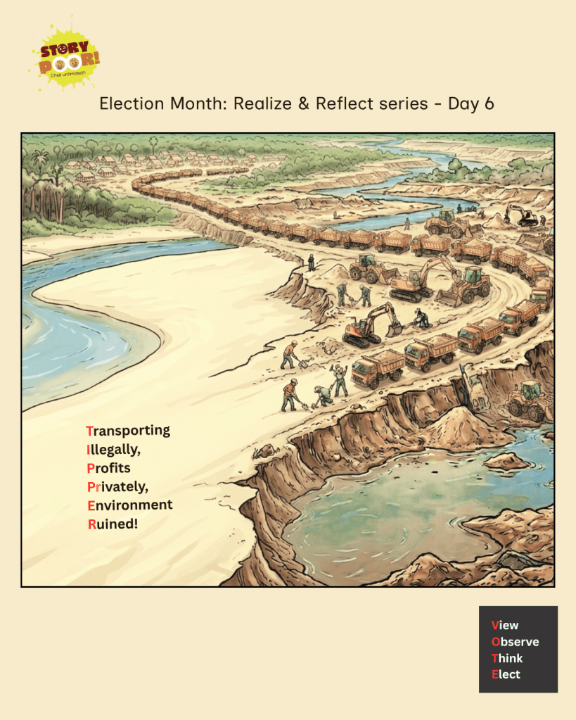 Illustration showing tipper trucks transporting sand from riverbeds, symbolizing illegal sand mining and money trail concerns, with a caution-style reflective editorial design.