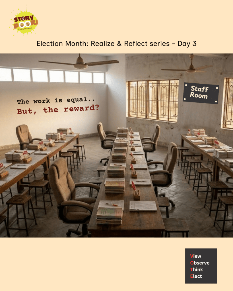 A minimally furnished school staffroom with tables piled with notebooks and answer sheets, and a mix of cushioned and fragile chairs left empty