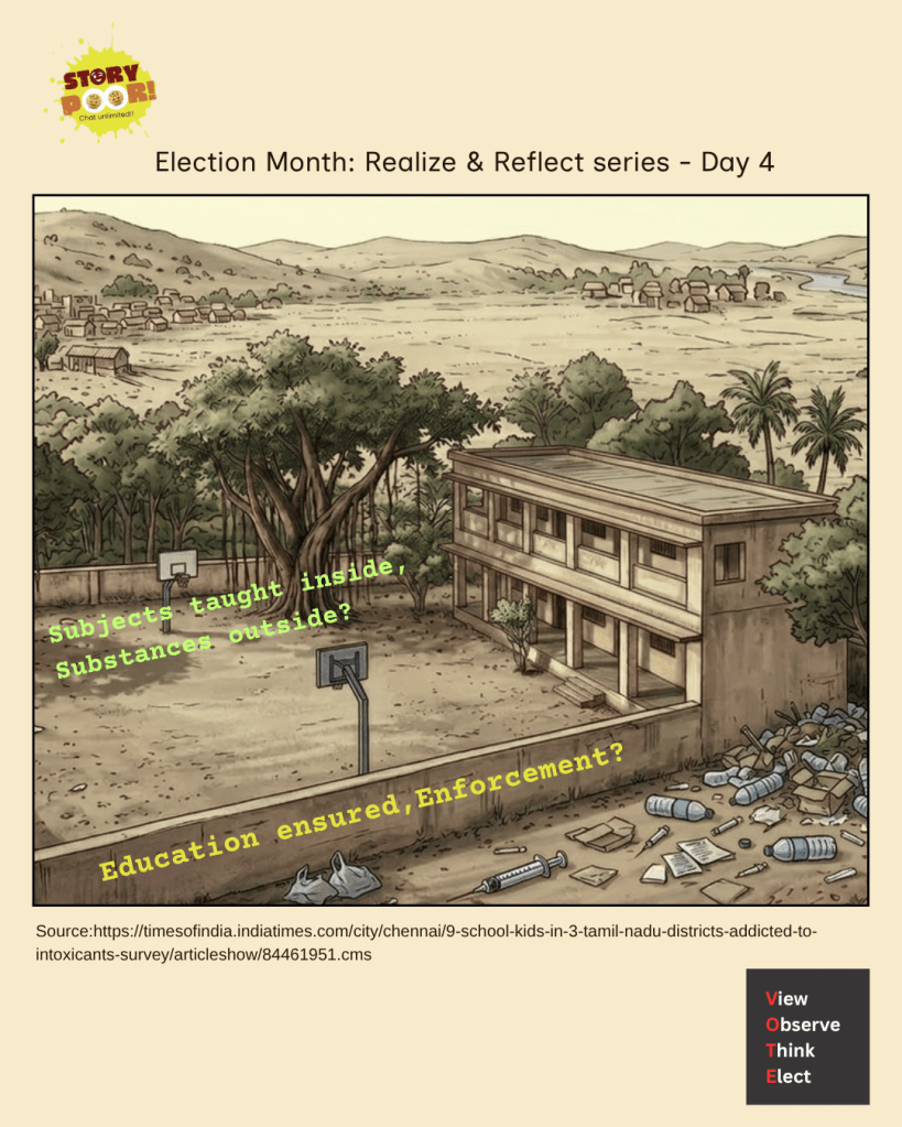 A minimally furnished school staffroom with tables piled with notebooks and answer sheets, and a mix of cushioned and fragile chairs left empty.