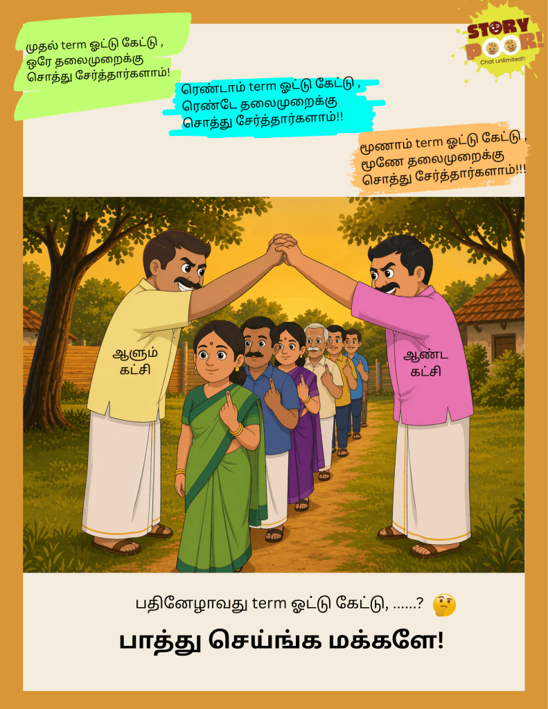 Political cartoon showing two rival leaders holding both hands to form an arch while voters with inked fingers walk between them in a single line, symbolizing long-standing dominance of two parties and urging voters to make a wise electoral choice.