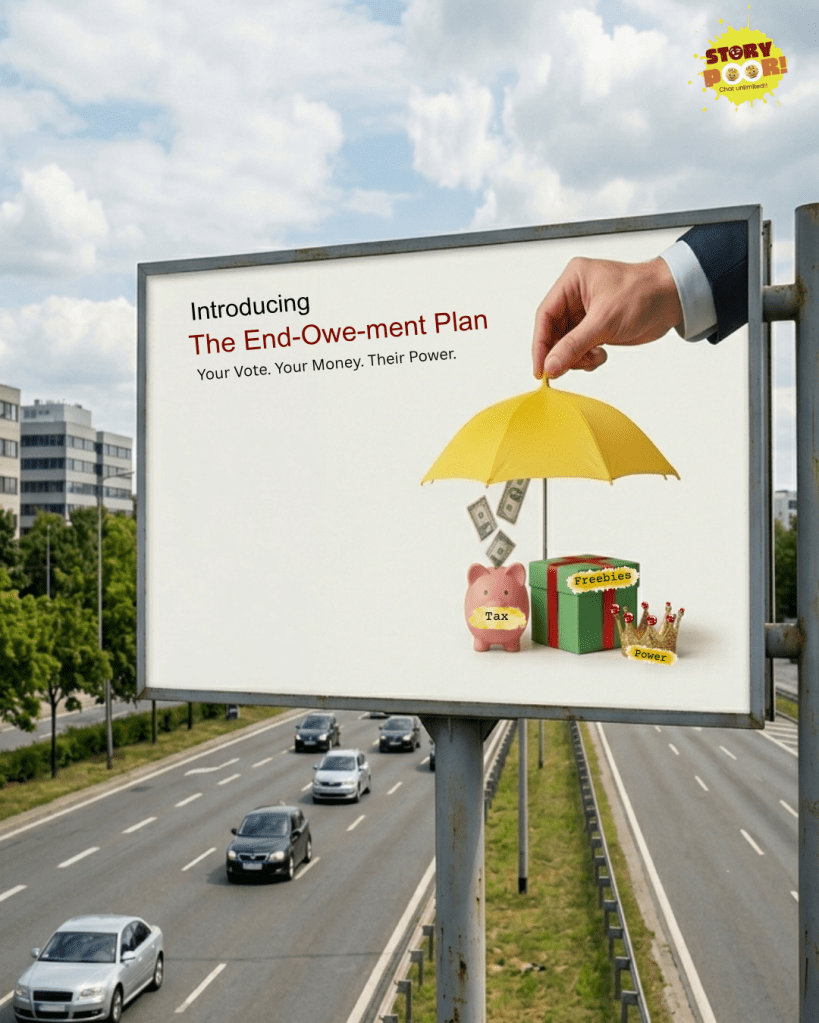 Billboard illustration titled "End-Owe-ment Plan" showing a hand holding a yellow umbrella protecting a piggy bank labeled tax, a gift box labeled freebies, and a crown labeled power, with the text "Your Vote. Your Money. Their Power."