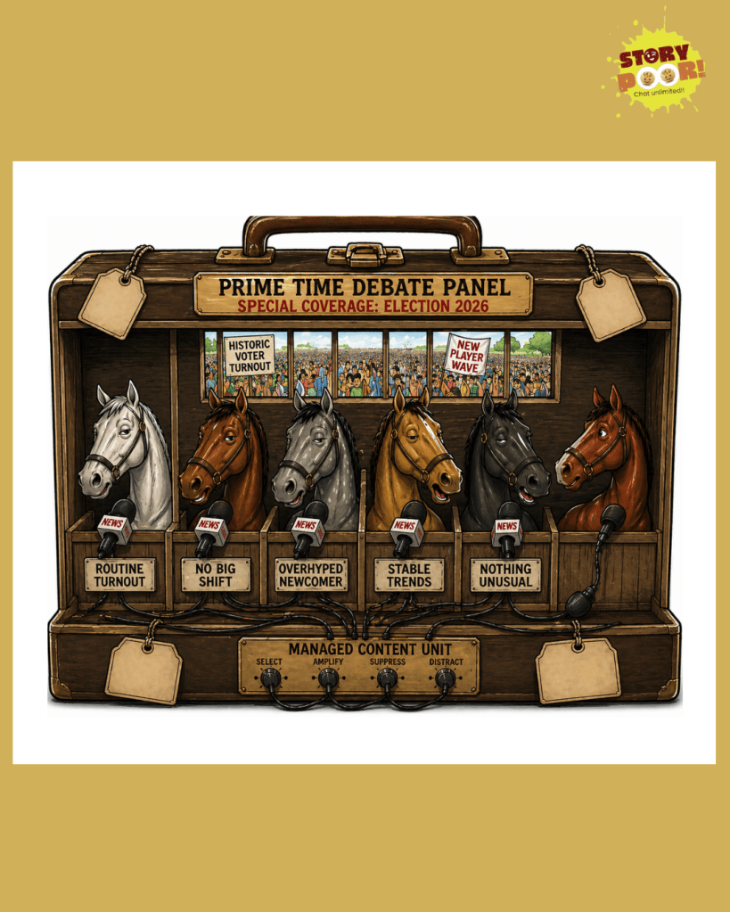 A satirical editorial cartoon showing horse-shaped media panelists standing in separate stalls inside a briefcase designed like a stable. Each horse faces a microphone labeled with phrases downplaying election turnout. Through a small rectangular opening behind them, a large crowd of voters is visible, contrasting with the panel’s limited view. Empty price tags hang from the setup, and the caption reads “Stable narratives.”