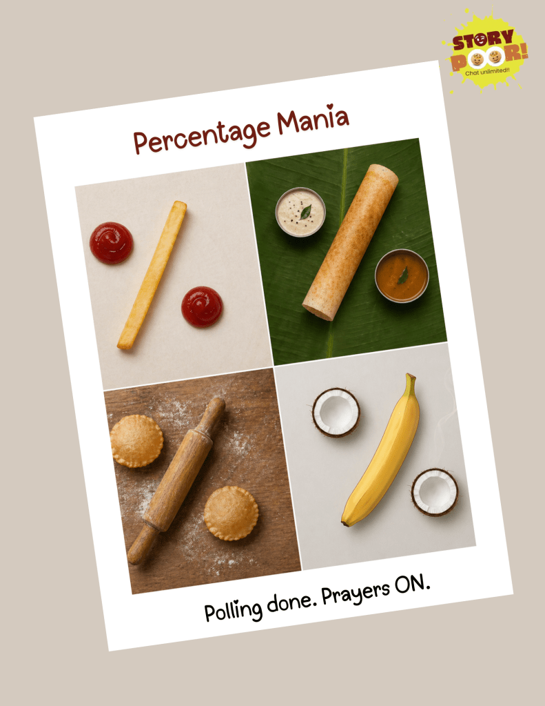 A tilted poster-style image showing four food arrangements forming percentage (%) symbols: French fries with ketchup dots, a dosa with chutney and sambar bowls, a rolling pin with small pooris, and a banana with coconut halves. The text reads “Percentage Mania!” at the top and “Polling done. Prayers ON.” at the bottom, representing exit poll excitement and public anticipation.