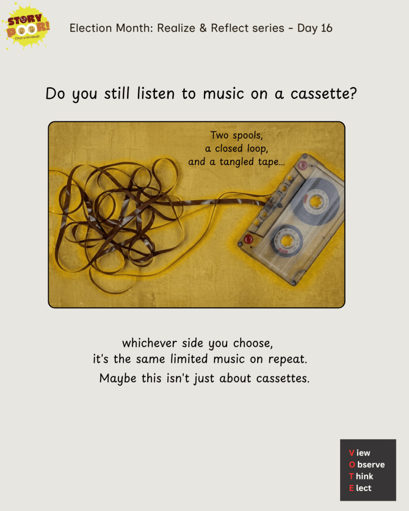 A cassette tape with two spools and tangled tape symbolizes repetition and limited choices — a subtle commentary on cycles that go beyond just music.