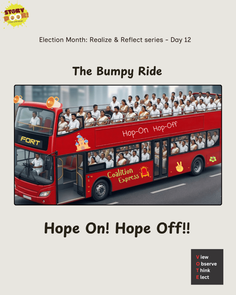 Illustrative political cartoon of a hop-on hop-off bus labeled coalition alliance on a bumpy road, with politicians jumping on and off as the destination points toward Fort, symbolizing shifting alliances and power struggles.