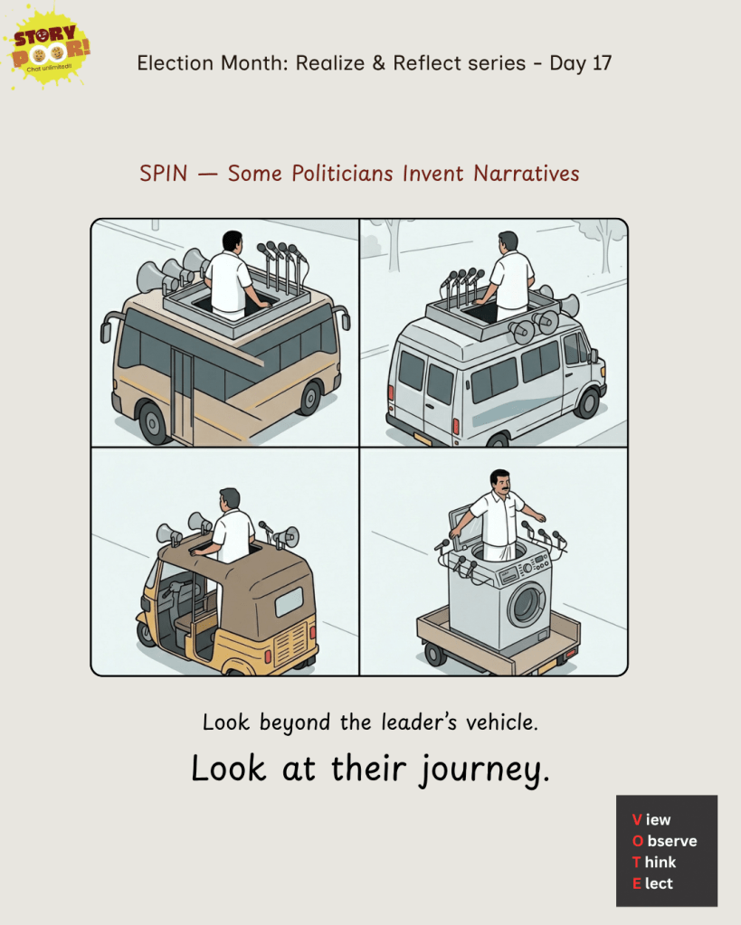 Four-panel editorial cartoon depicting leaders emerging from different campaign platforms: a bus, tempo traveller, auto rickshaw, and a top-load washing machine. Each leader wears white shirt and dhoti and addresses the public with microphones. The washing machine symbolizes leaders being cleansed before returning to campaign mode.