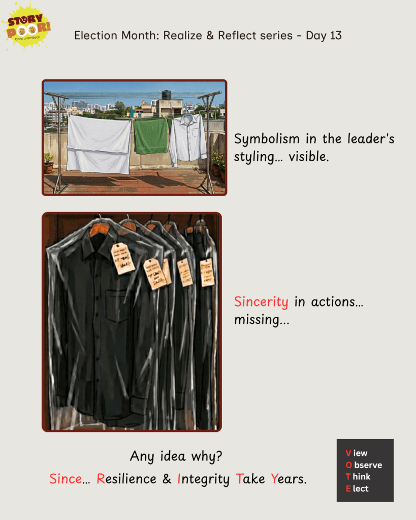 Two-panel editorial cartoon showing clothes drying on a terrace including a green towel, white dhoti, and shirt, followed by a cupboard with unused black shirts, symbolizing visible political symbolism but missing sincerity in actions.