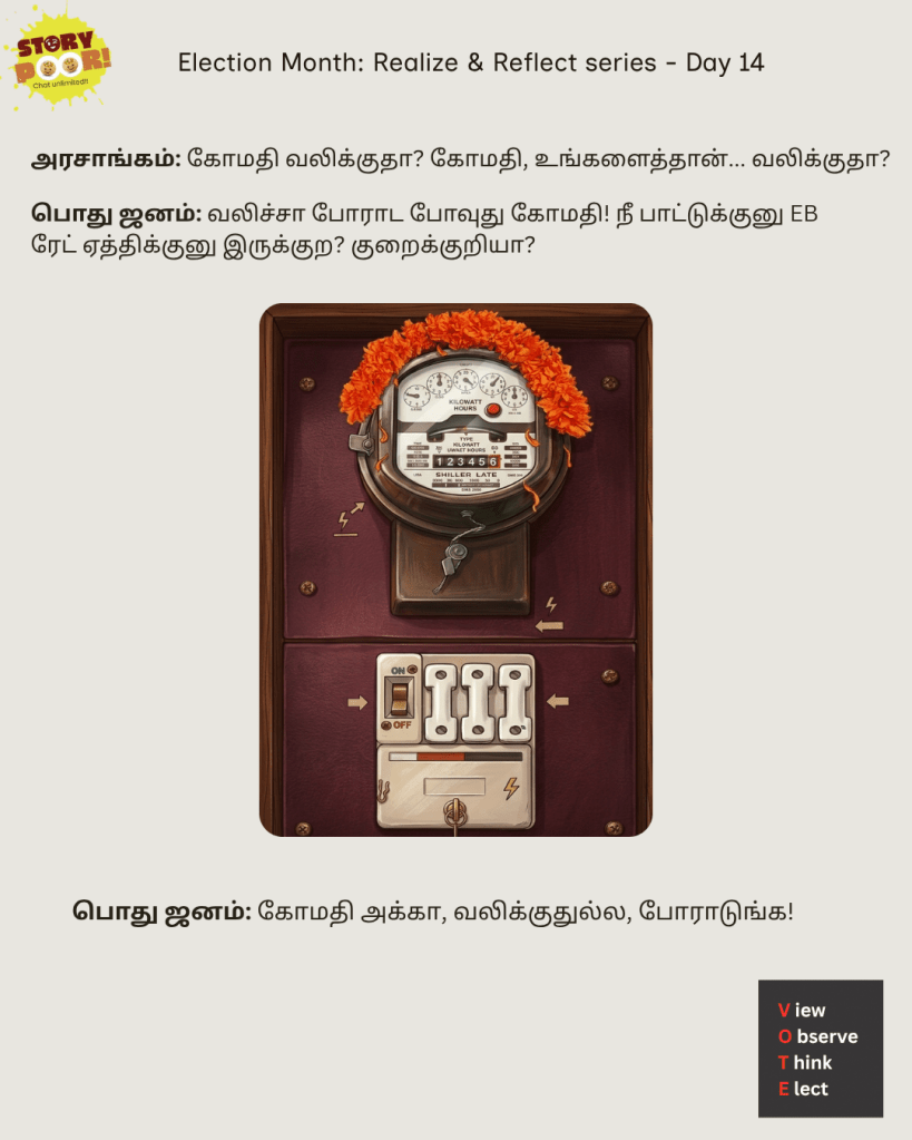 Electricity meter decorated with kanagambaram garland resembling the "Gomathi" comedy scene from Tamil movie Doctor, with Tamil dialogue questioning rising EB rates and public frustration