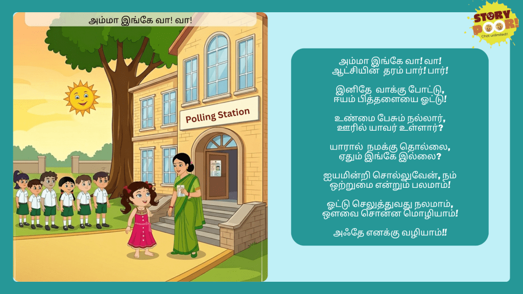 Political awareness cartoon featuring a Tamil rhyme based on "அம்மா இங்கே வா வா," encouraging citizens to cast their votes and ensure 100% polling, promoting electoral participation and informed decision-making.