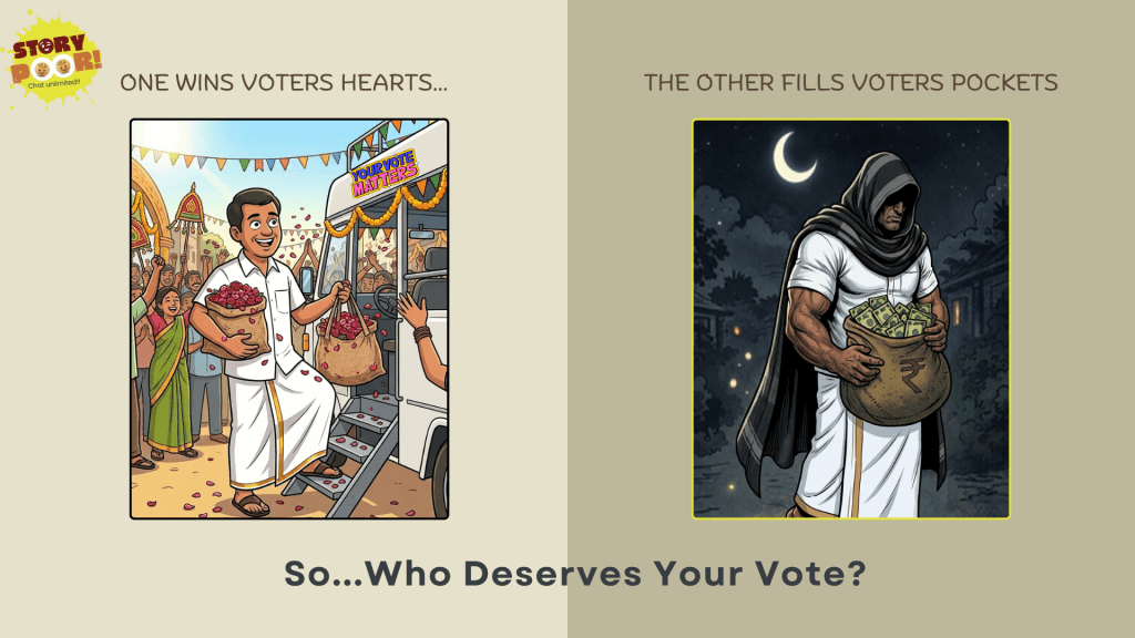 Split political cartoon showing two campaign styles: on the left, a cheerful leader distributes flower petals and greets voters during a daytime rally; on the right, a hooded figure walks at night carrying a bag of cash, symbolizing voter bribery. Caption reads, “One Wins Voters Hearts… The Other Fills Voters Pockets — Who Deserves Your Vote?”