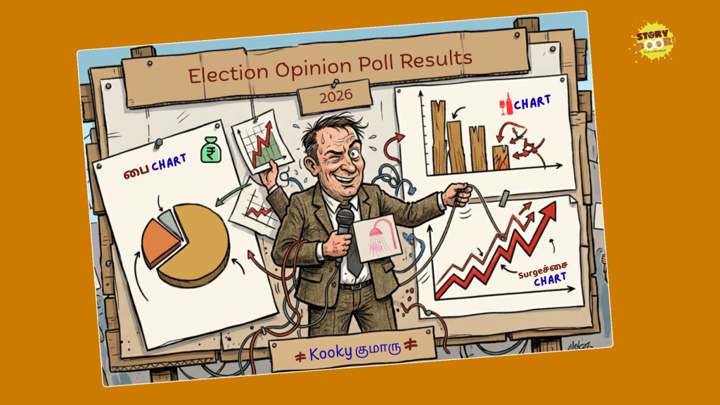 Satirical cartoon of a sweating news anchor labeled "Kooky Kumar" presenting 2026 election opinion poll results, manipulating pie charts and bar graphs with wires, symbolizing fabricated or misleading election surveys and illogical polling narratives.