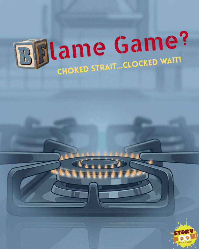 A cartoon illustration of a kitchen gas burner showing a very low flame, symbolizing a gas cylinder shortage. Above the burner, the word "Flame" is struck out and replaced with "Blame Game," highlighting political finger-pointing during a fuel crisis.