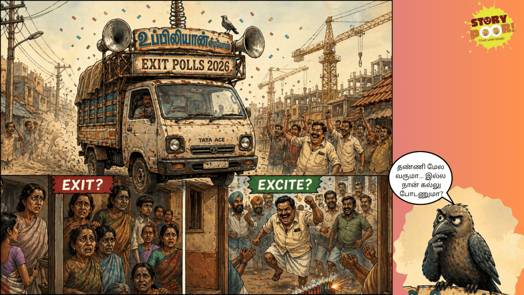 Editorial cartoon showing an exit poll van with contrasting reactions—worry and excitement—while a crow sits on top with a skeptical expression, symbolizing the public questioning whether promises will be fulfilled or if action is needed.