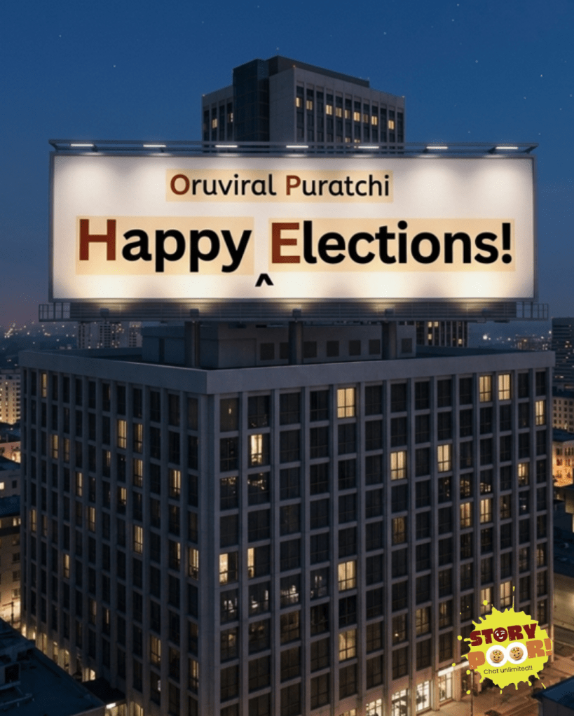 Large hoarding-style design featuring bold, high-contrast text “Happy Oruviral Puratchi Elections!” with a prominent voting finger icon between the words, clean layout, strong typography, and a clear visual emphasis on voter participation and civic responsibility.