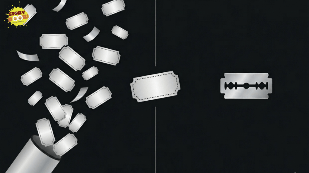 Minimalist black-themed editorial cartoon depicting coupons turning into a razor blade, symbolizing unintended consequences. Presented as a respectful reflection with condolences to families affected by recent tragedy.