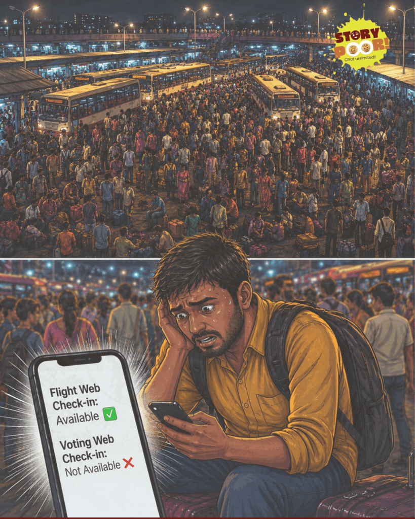 Illustration of an overcrowded bus station at night with long queues and limited buses, while a worried man sits on luggage checking his phone showing “Flight Check-in Available” and “Voting Check-in Not Available,” highlighting the struggle to reach polling booths.