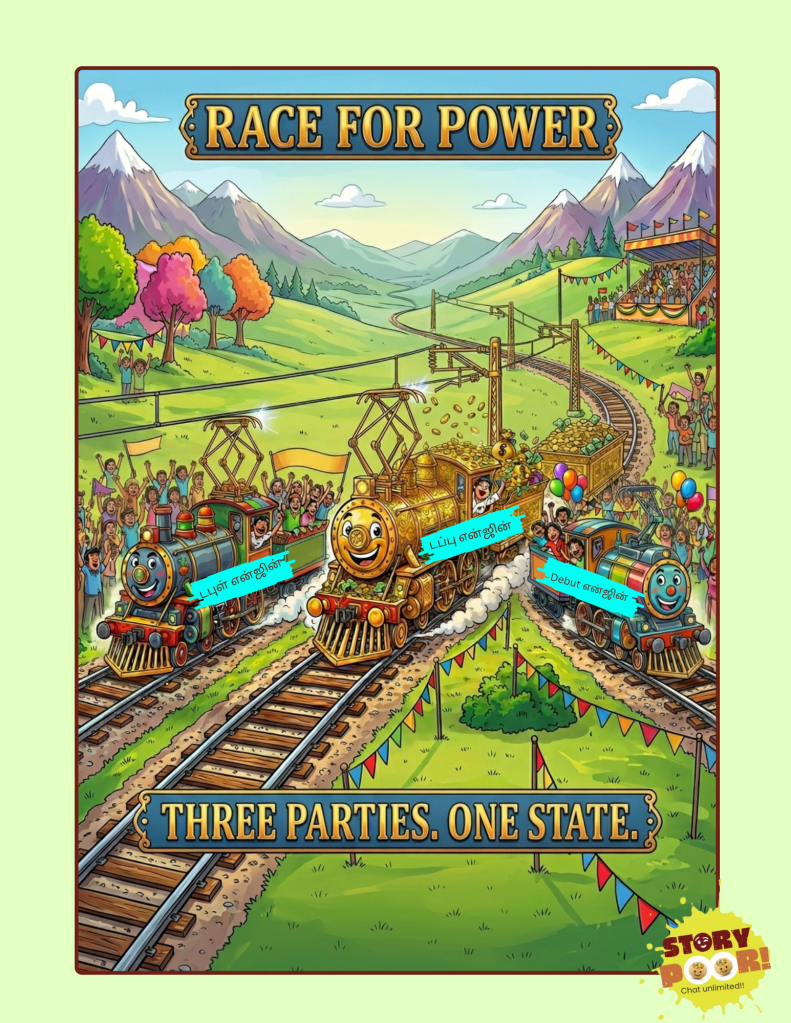 Cartoon showing three train engines representing political parties racing on parallel tracks, symbolizing an election race for power on verdict day.