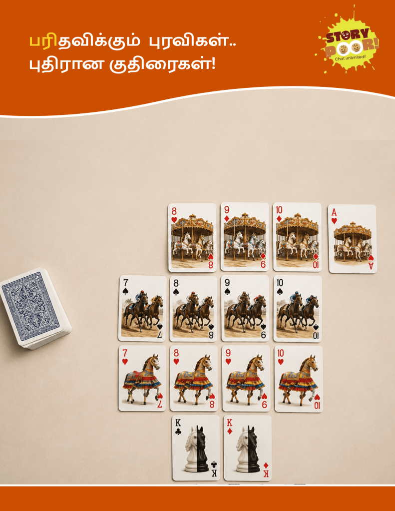 An artistic arrangement of horse-themed playing cards placed on a table. The top row features carousel horses, the middle row shows racing horses, the third row depicts traditional Poikkal Kuthirai folk-art horses, and the bottom row displays black-and-white chess knight horses symbolizing dual political loyalties and shifting alliances. A deck of cards lies to the side, with Tamil text at the top reading “Perplexing Horses.”
