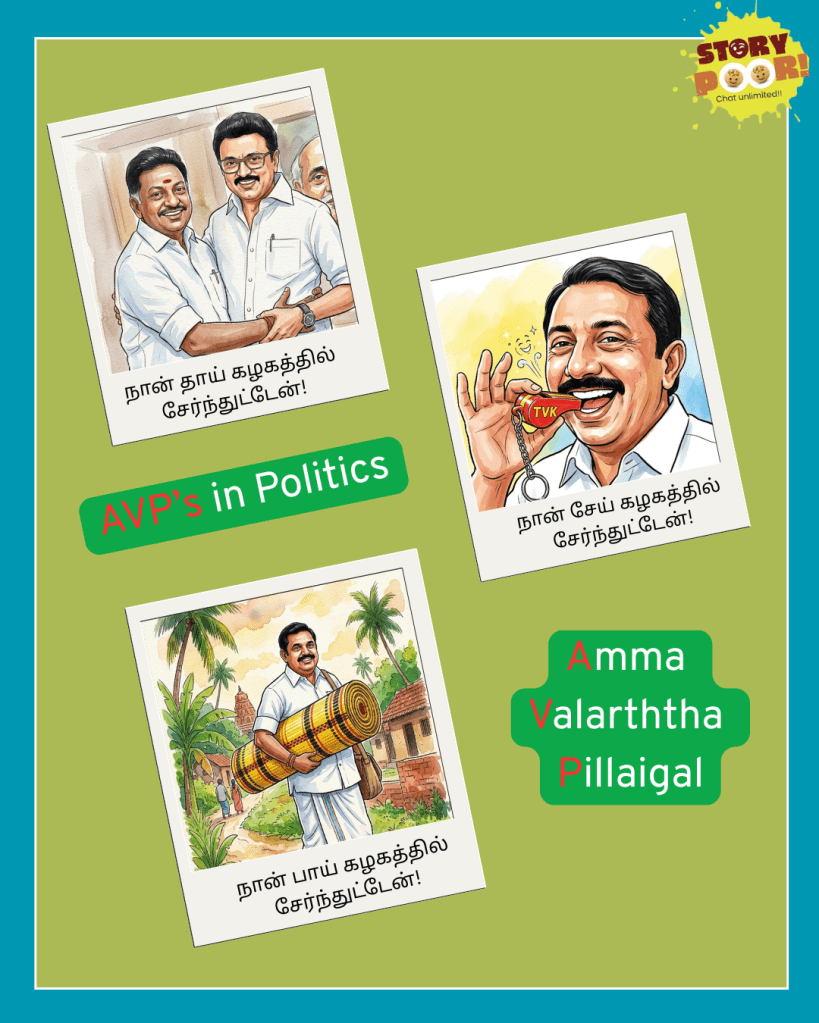 a cartoon featuring OPS, EPS and KAS from AIADMK party base