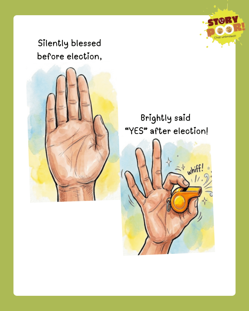 Illustration of two hands: one open palm suggesting silent blessing before the election, and another forming an “OK” gesture with a whistle, symbolizing open support after the election—highlighting a change in stance.