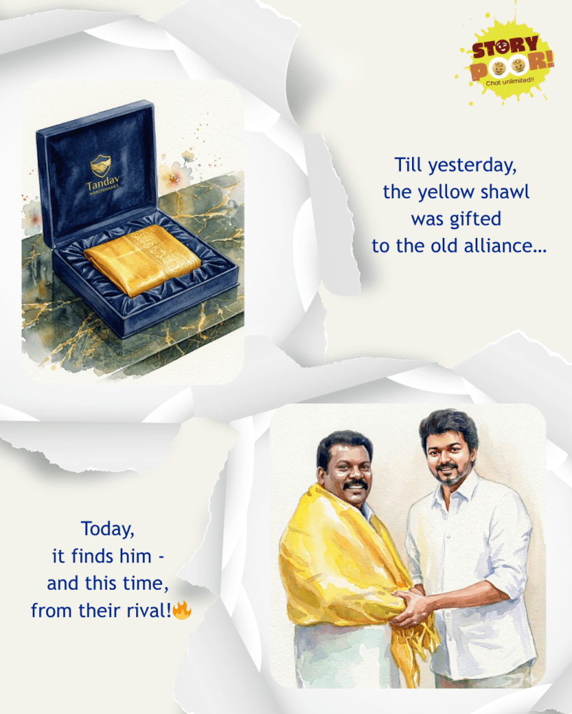 Two-panel cartoon: the top shows a yellow shawl presented in a gift box labeled “Tandav,” symbolizing it being given to an earlier alliance; the bottom shows a political leader receiving the same yellow shawl from a rival party figure, highlighting a shift in alignment.