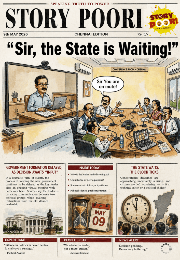 A satirical newspaper-style political cartoon shows a leader attending a Zoom meeting on a large screen while party members in a Chennai conference room anxiously wait for his decision on government formation. One member says, “Sir, you are mute!” symbolizing political silence and delay as the State waits.