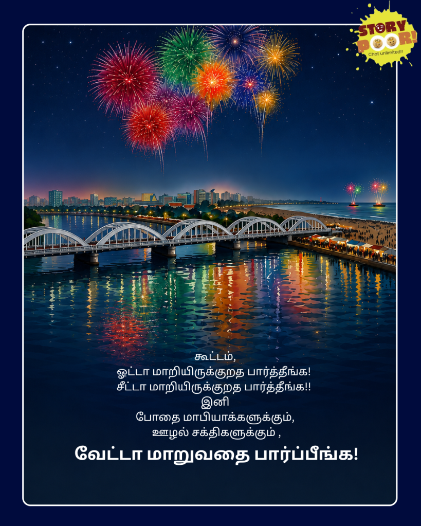 Colorful fireworks light up a night sky above a city bridge and waterfront, with reflections shimmering in the water. A Tamil wishes message for a new beginning is displayed at the bottom in an elegant celebratory poster design.