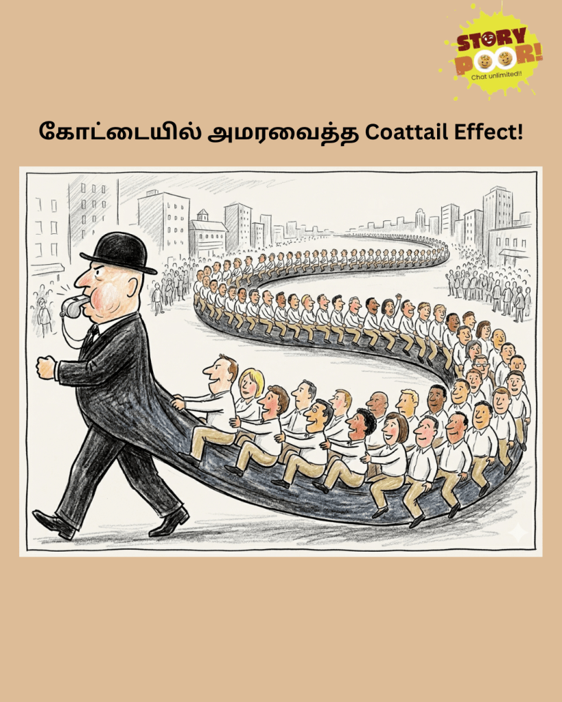Black-and-white caricature poster of a political leader wearing a white shirt, black pants, and a long black coat with an exaggerated coat tail stretching across the scene like a curved pathway. The leader is blowing a whistle while hundreds of party candidates in white shirts and beige pants march along the coat tail route, symbolizing the “Coattail Effect” and electoral momentum.