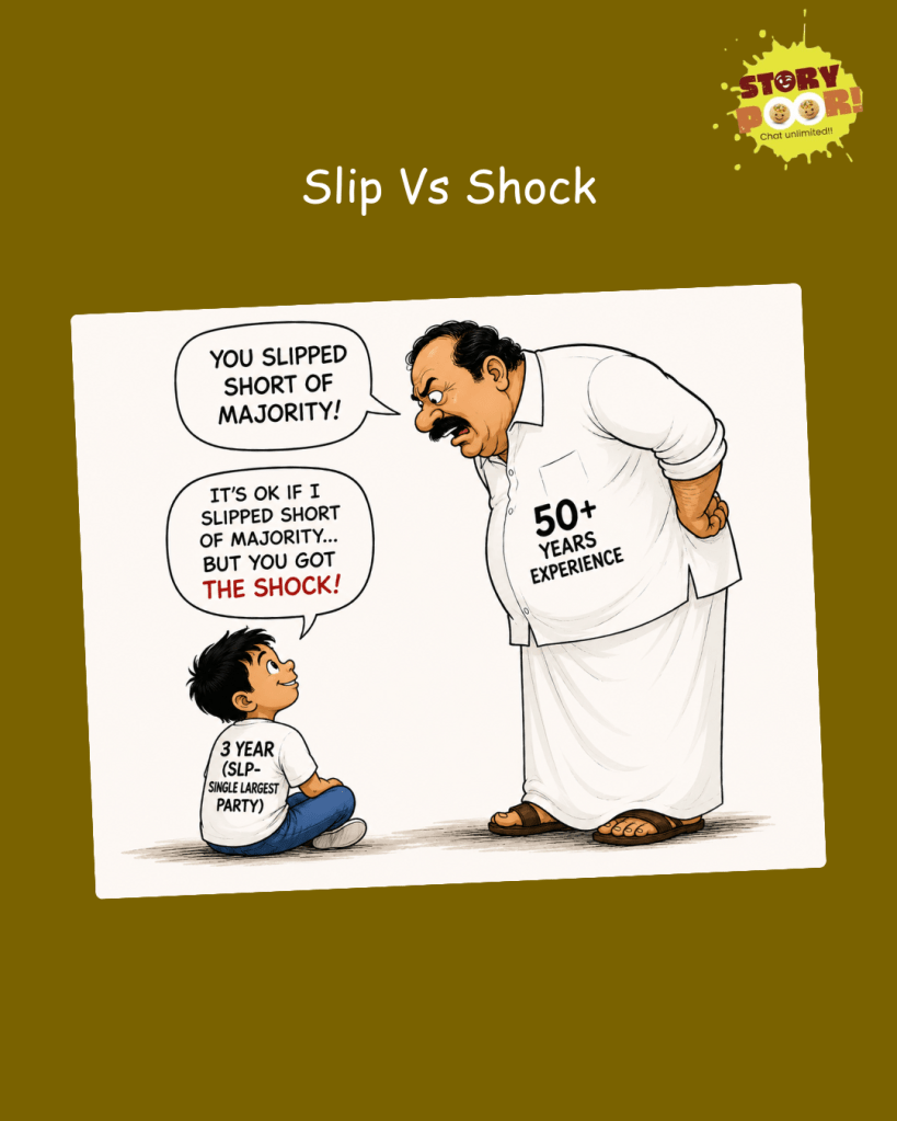 A minimalist political cartoon shows a small boy labeled “3 Year (SLP – Single Largest Party)” sitting on the floor while a giant man wearing traditional attire and a shirt reading “50+ Years Experience” stands over him. The giant says, “You slipped short of majority!” The smiling child replies, “It’s ok if I slipped short of majority… but you got the shock!” The cartoon symbolizes a young political party unsettling established veteran parties despite missing the majority mark.