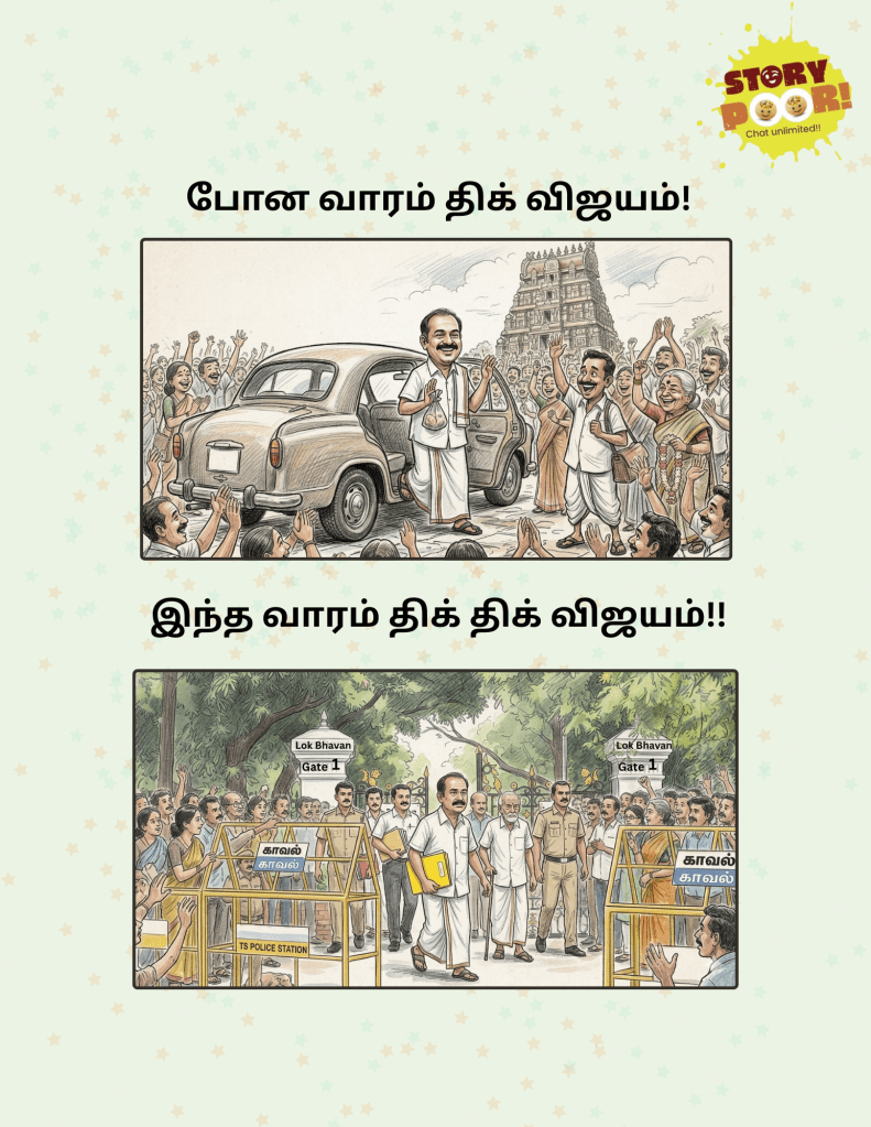 Two-panel political cartoon showing contrasting election outcomes. On the left (“Last Week”), a politician is seen praying in a temple with confidence before election results, symbolizing expected victory and optimism labeled “Dhik Vijayam.” On the right (“This Week”), the same leader appears anxious as the governor refuses permission to form the government due to lack of a clear majority, labeled “Dhik Dhik Vijayam,” highlighting the shift from hope to disappointment.