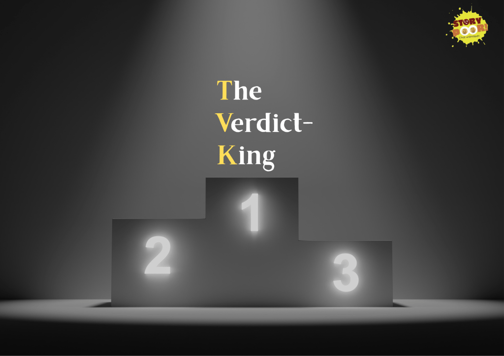 Greeting poster showing a royal throne symbolizing victory, with the caption “The Verdict – King (TVK),” representing the winning party’s dominance and leadership.