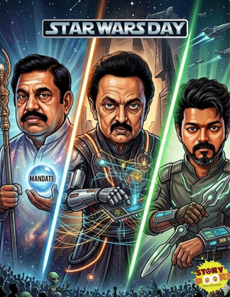 A Star Wars-inspired political cartoon showing three Indian political leaders as futuristic characters, each representing different forces during election result day on May 4, with glowing energy beams, a “mandate” orb, and a crowd symbolizing voters below.