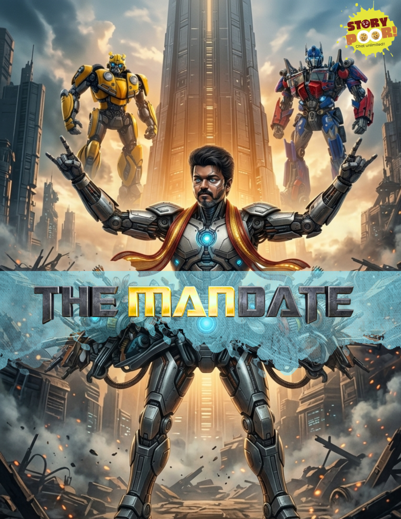 A political cartoon poster showing a futuristic armored leader symbolizing a new political force, with a powerful stance and glowing energy, representing one man carrying many hopes as the election verdict awaits.