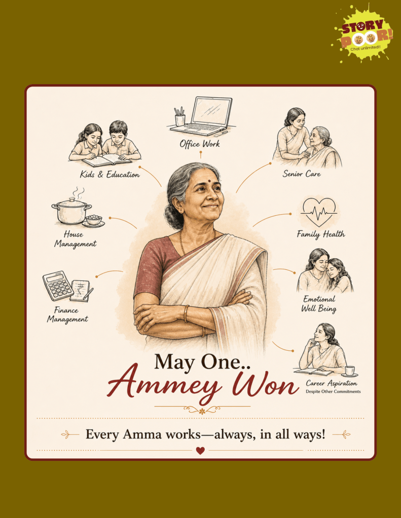 Minimalist illustration of a mature Tamil mother in a cotton saree, surrounded by subtle icons representing childcare, elder care, home management, health, finances, emotional support, and career aspirations, with the caption “May One… Ammey Won” and “Every Amma works—always, in all ways!”