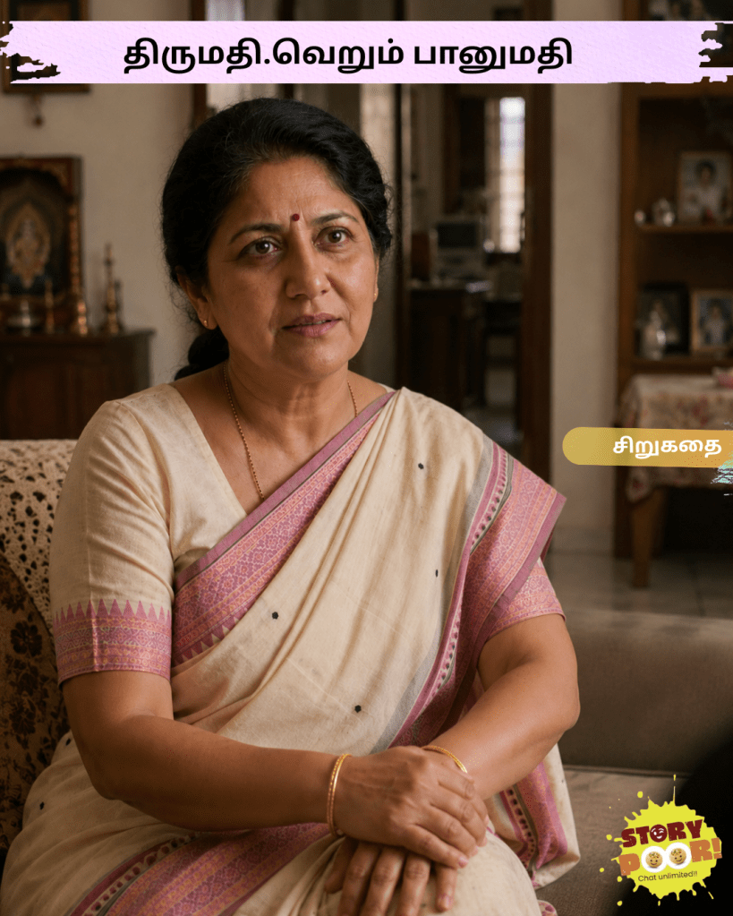 A 50 year old tamil woman sitting at living room