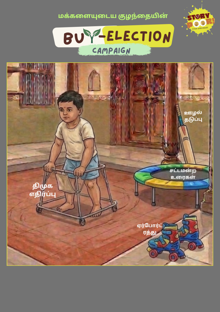 Political cartoon titled “Buy Election” showing TVK using criticism of the DMK as a by-election campaign strategy despite having achievements such as the Parandhur airport cancellation, action against corruption, and Assembly performance.