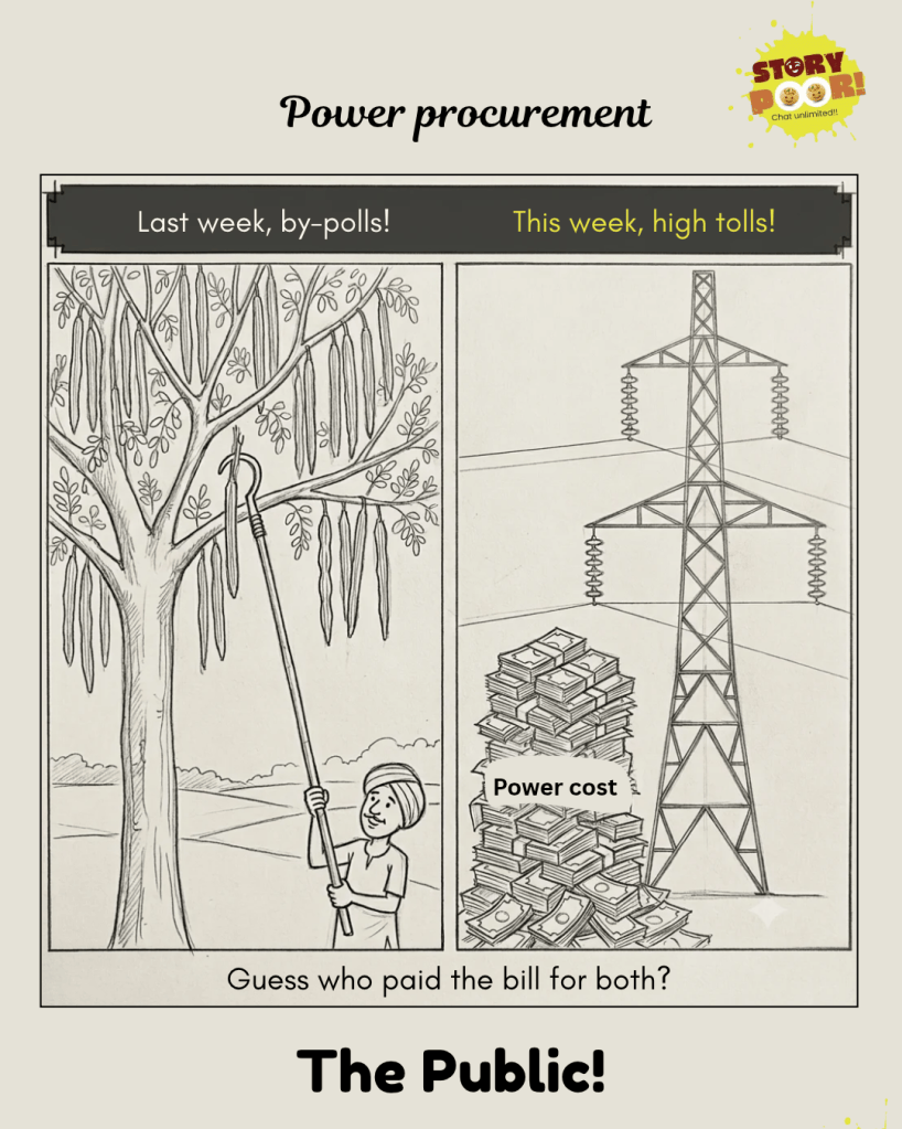 Political cartoon “Power Procurement” draws a parallel between last week’s by-polls and this week’s high electricity procurement costs, asking who ultimately foots the bill: the public.